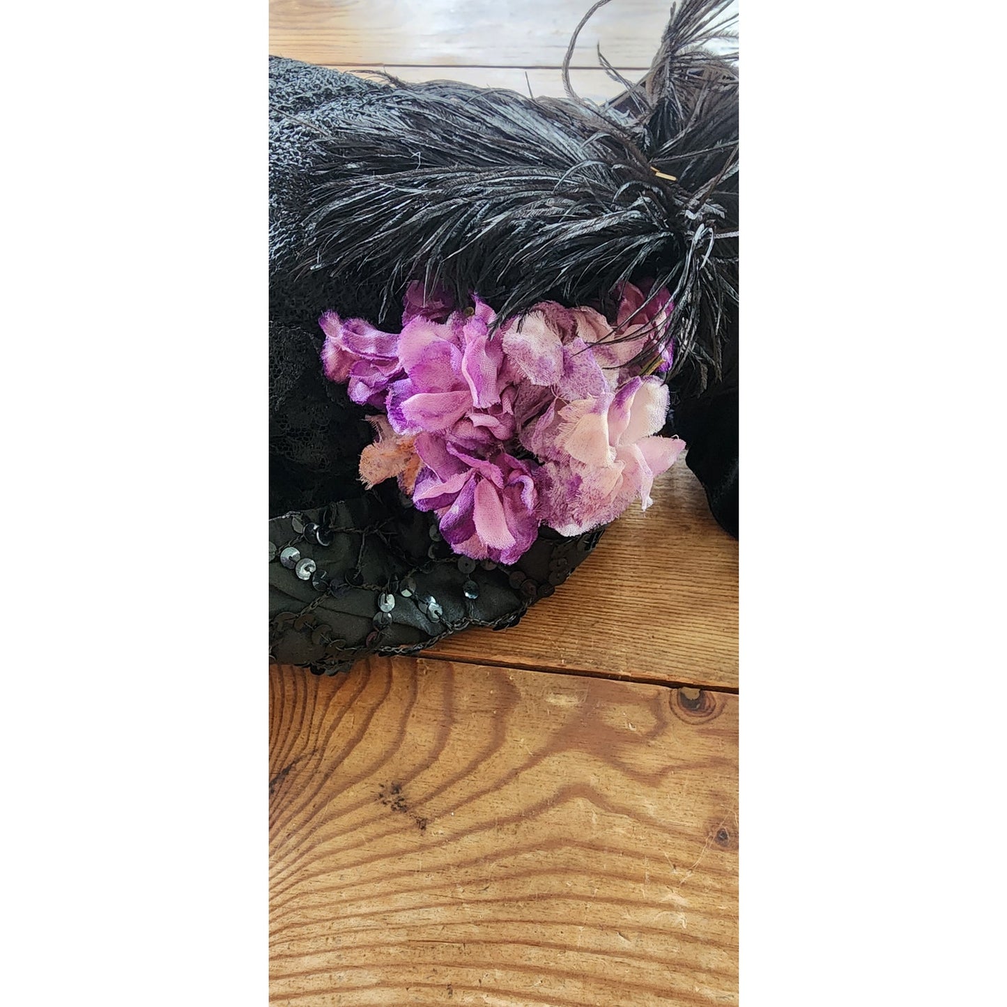 Antique Victorian Black Bonnet Hat Feathers Sequins Lace & Purple Flowers
