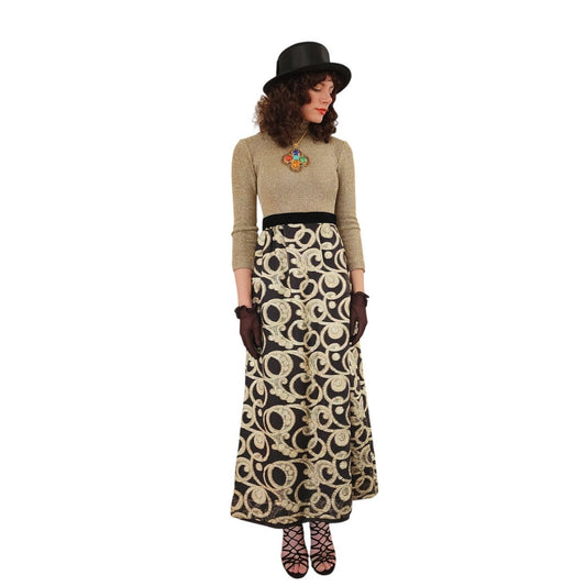Vintage 1970s Gold & Black Maxi Dress Metallic Spiral Swirl / S