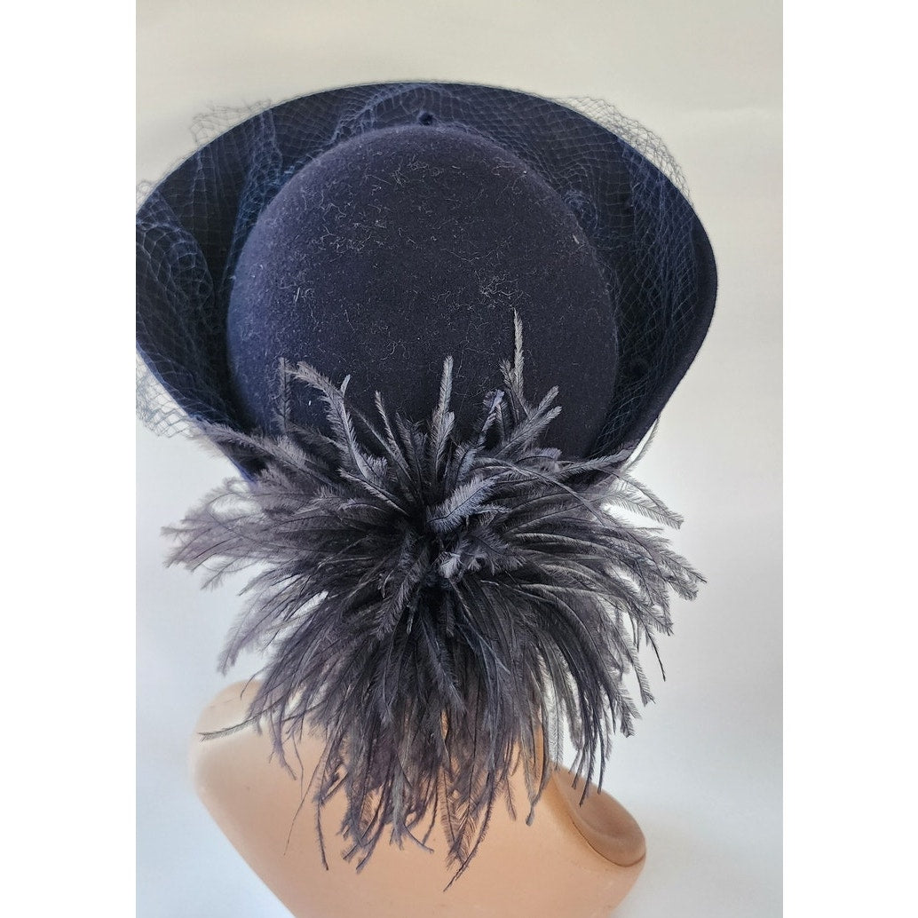 Vintage 70s Feather Hat Navy Blue Wool by Georgi