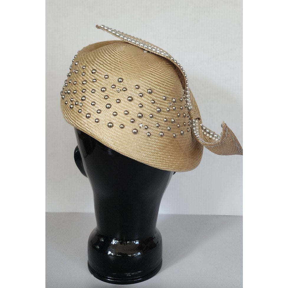 Vintage Jack McConnell Hat Asymmetrical Cream Straw Pearls Studs
