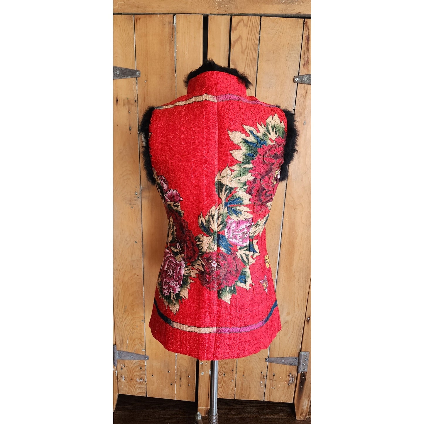 Chinese Costume Style Vest Waistcoat Rabbit Fur Trim Quilted Red Floral Print / XL