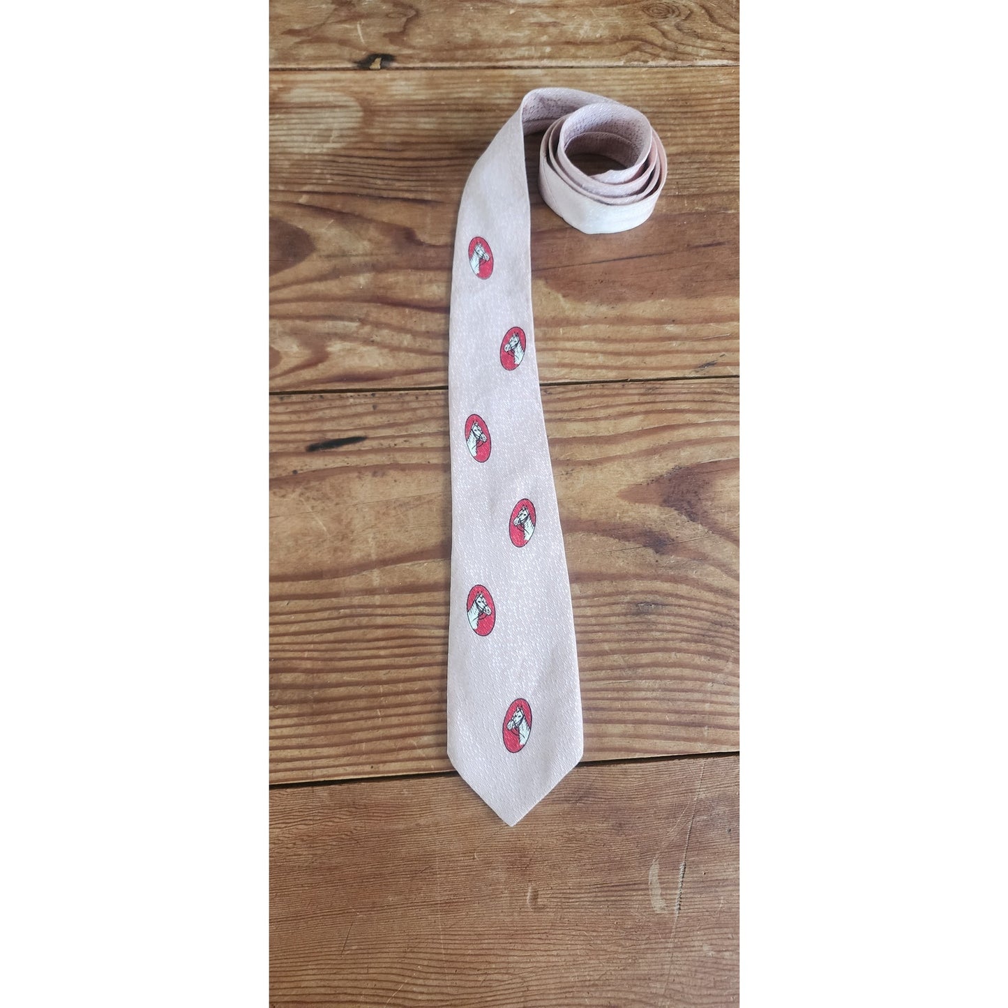 Vintage 30s Mens Necktie Pink Red Horses Equestrian Short Length