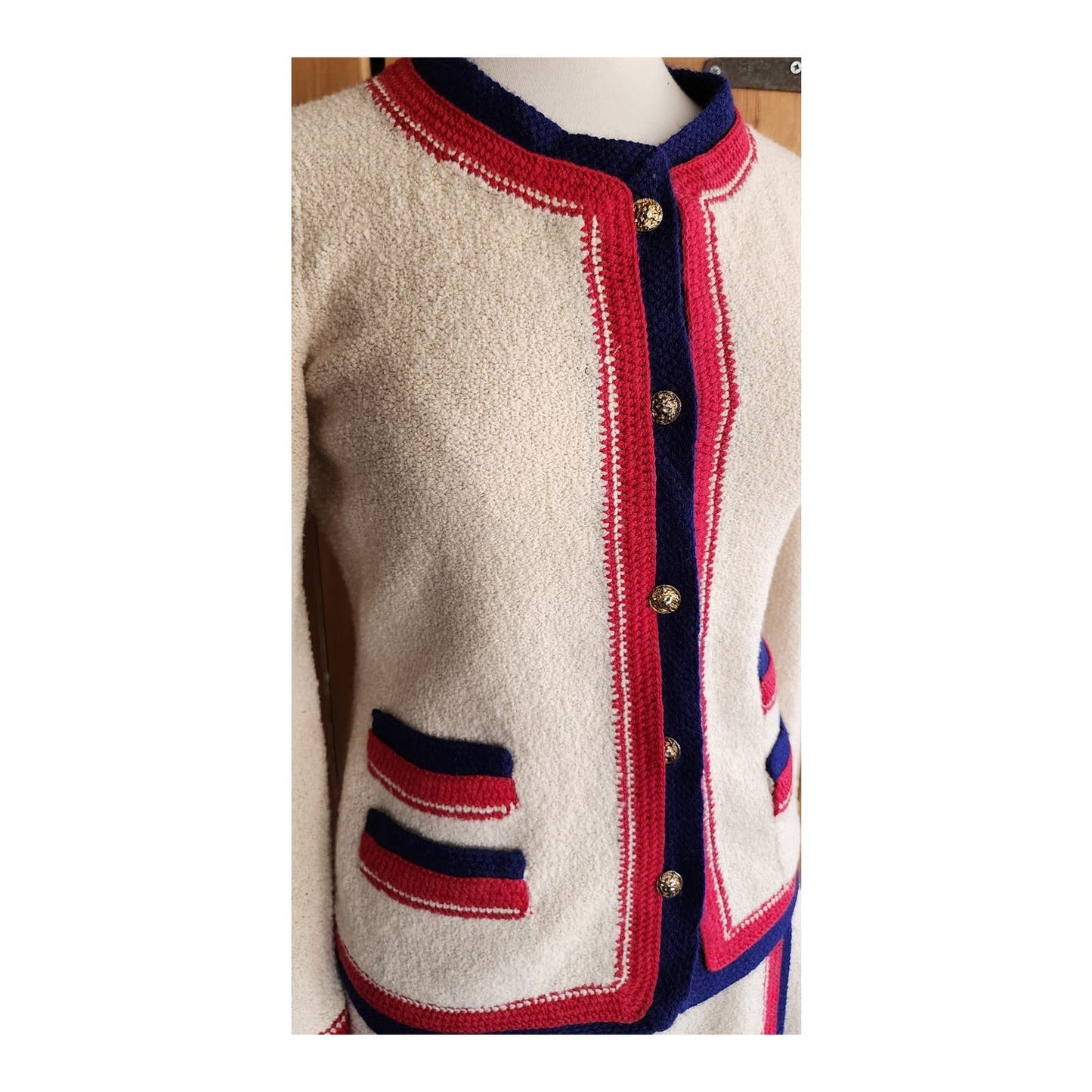Vintage 60s Adolfo Skirt Suit Cream Blue Red Knit in Chanel Style