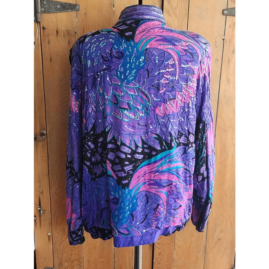 Vintage 80s Purple Sequined Jacket Bat Wing Sleeve Judith Ann Plus