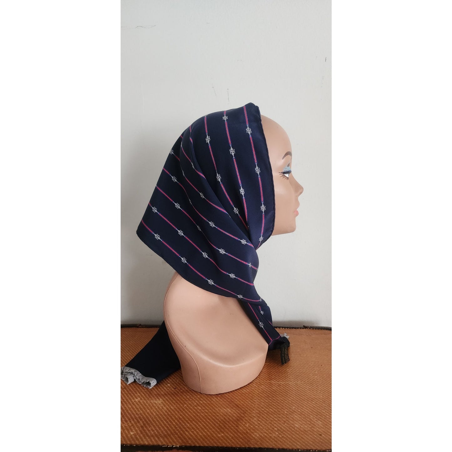 Vintage 70s Gucci Silk Scarf Navy Blue Horsebit Print Rectangular Fringed