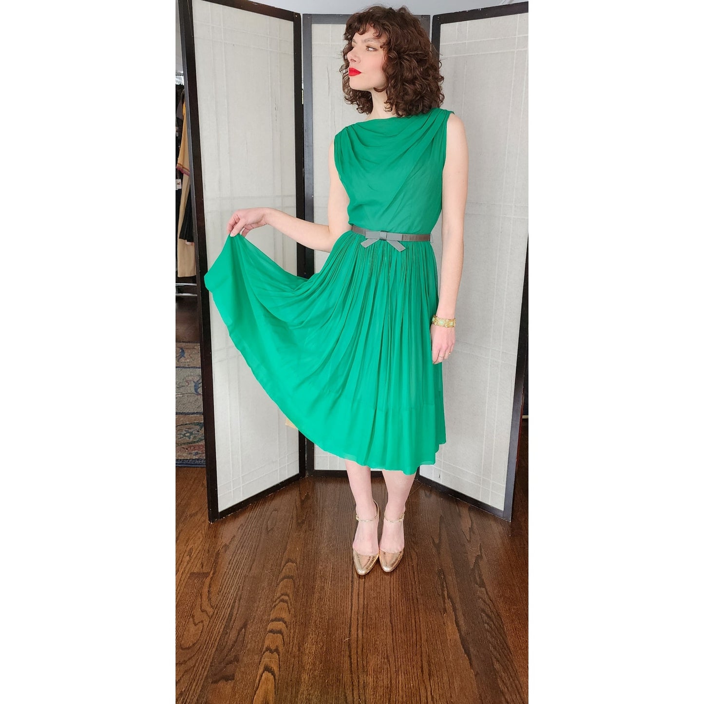 Vintage 50s Green Chiffon Party Dress by L'Aiglon