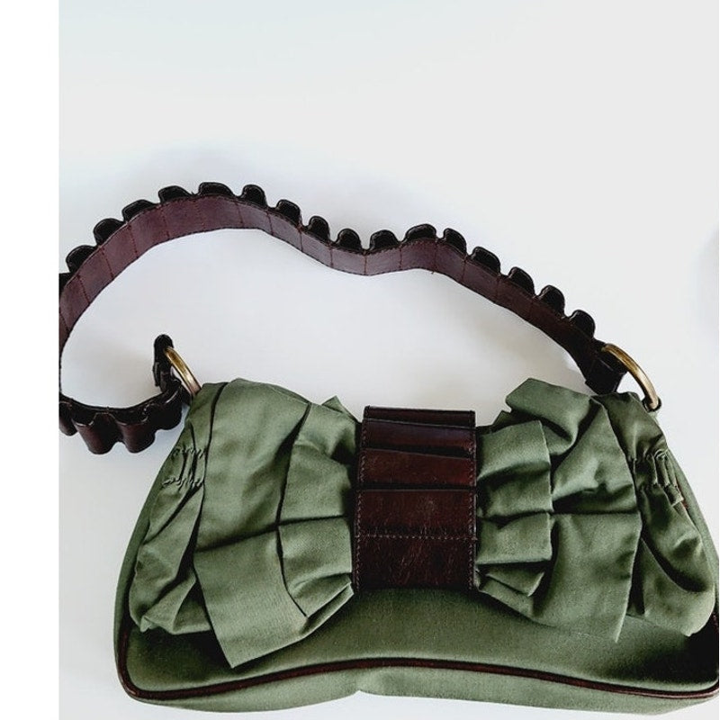 Vintage John Galliano Bag Green Fabric & Brown Leather w/ Bow Design