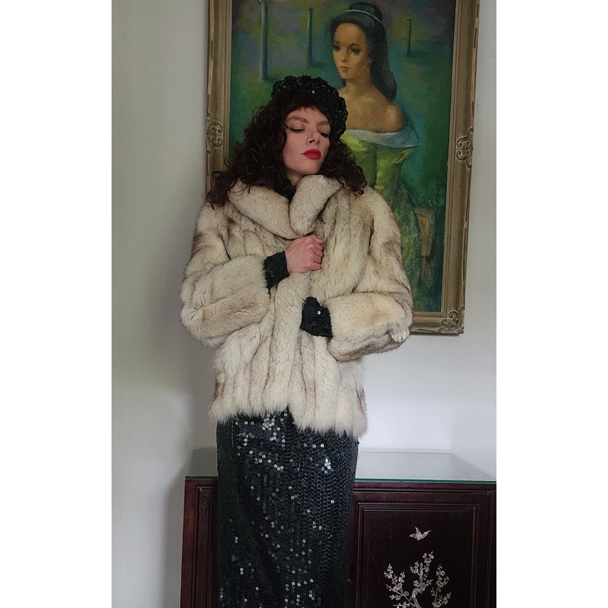 Vintage 70s Silver Fox Fur Jacket Large Collar