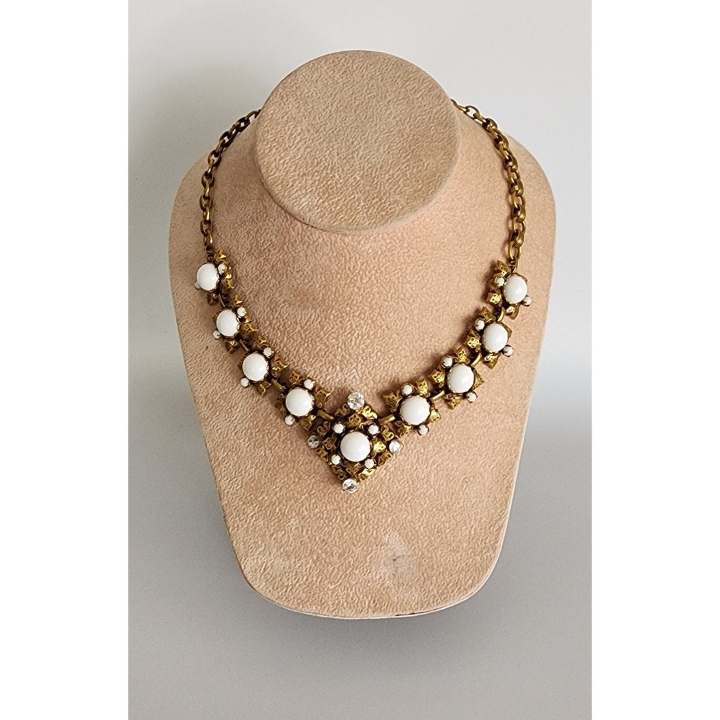 1960s Choker Necklace White Milk Glass & Gold Baroque Style