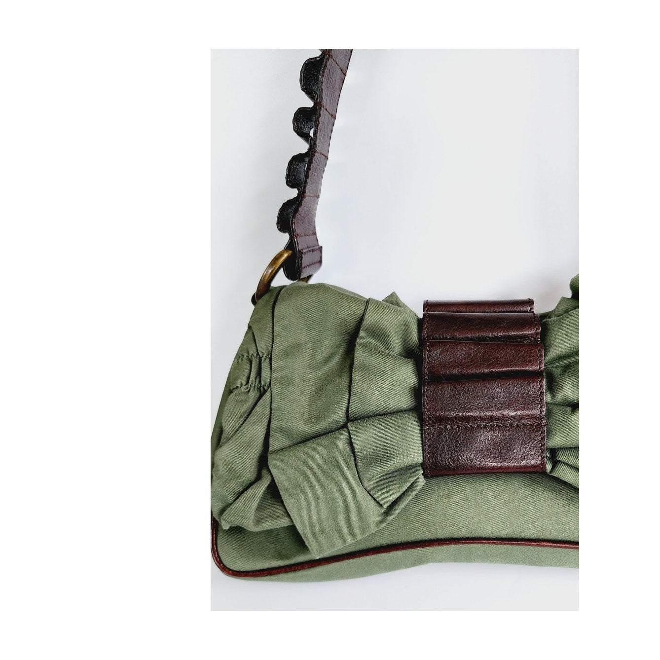 Vintage John Galliano Bag Green Fabric & Brown Leather w/ Bow Design