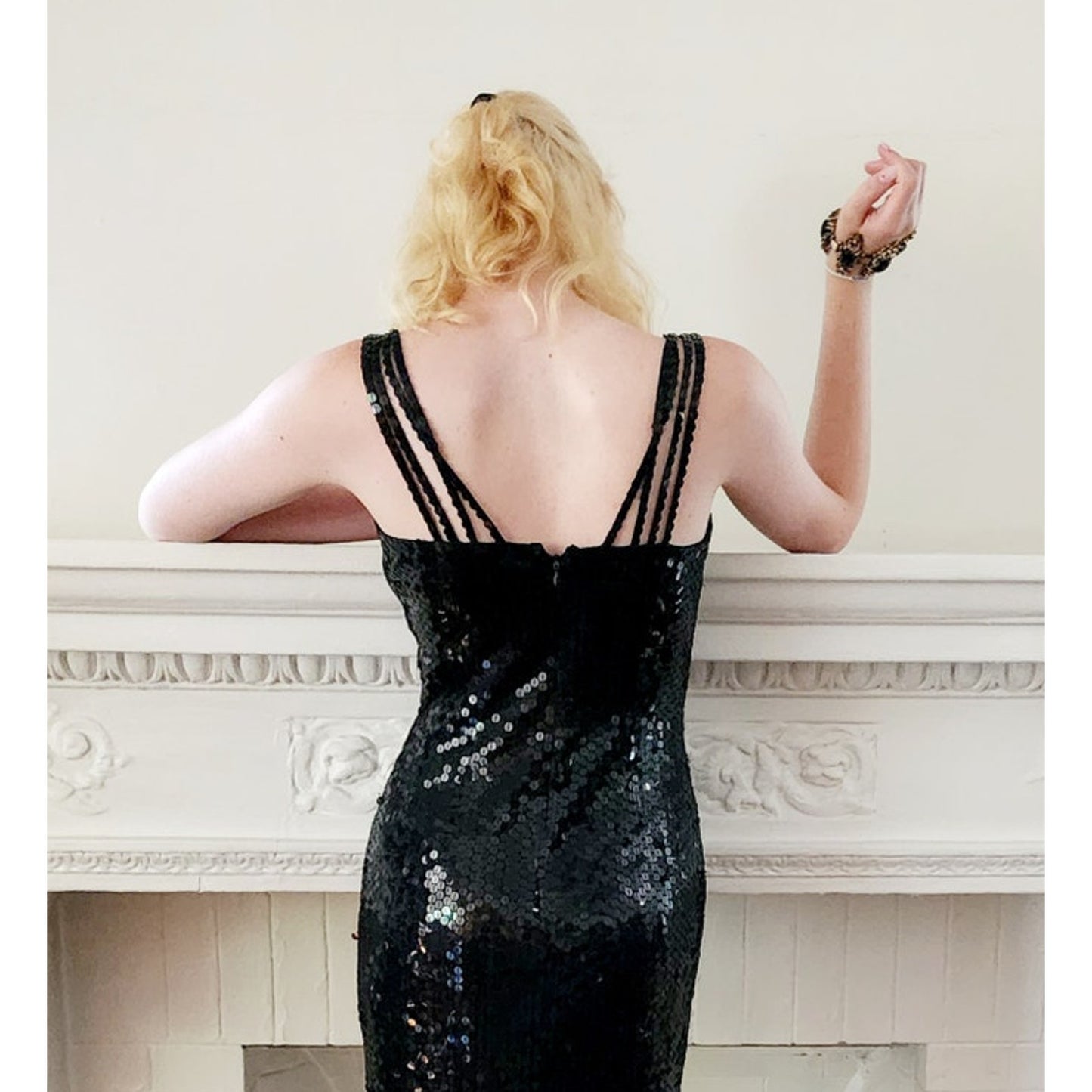 Vintage 90s Sequined Party Dress Black Sleeveless Niteline Della Roufagoli