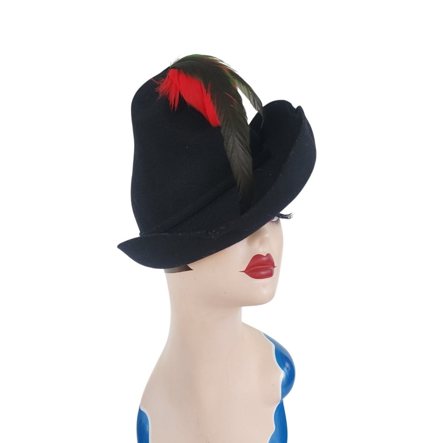 Vintage 30s Robin Hood Hat Black Wool Red Feather New York Creation