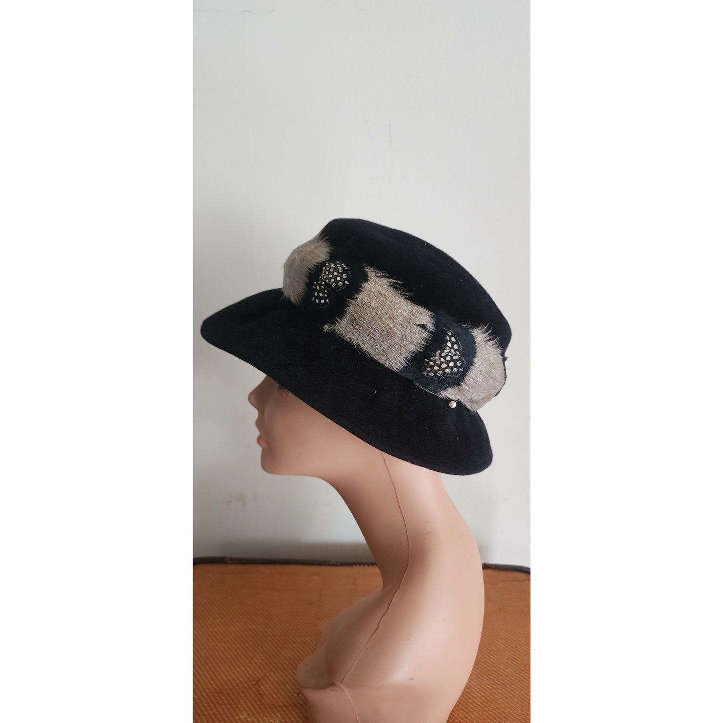 Vintage 60s Ladies Fedora Hat by Gelot Paris Black Felt + Feathers