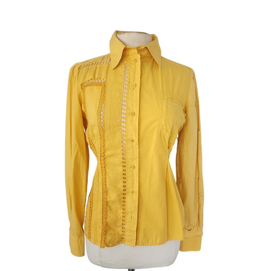 Vintage Yellow Shirt Button Down by Philosophy Alberta Ferretti w/ Crochet Trim Small
