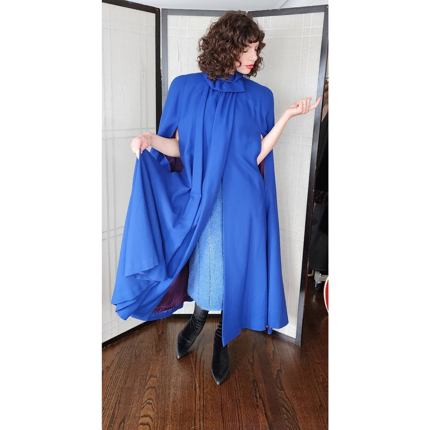 Vintage Blue Wool Cloak 80s Does 40s Large Shoulders