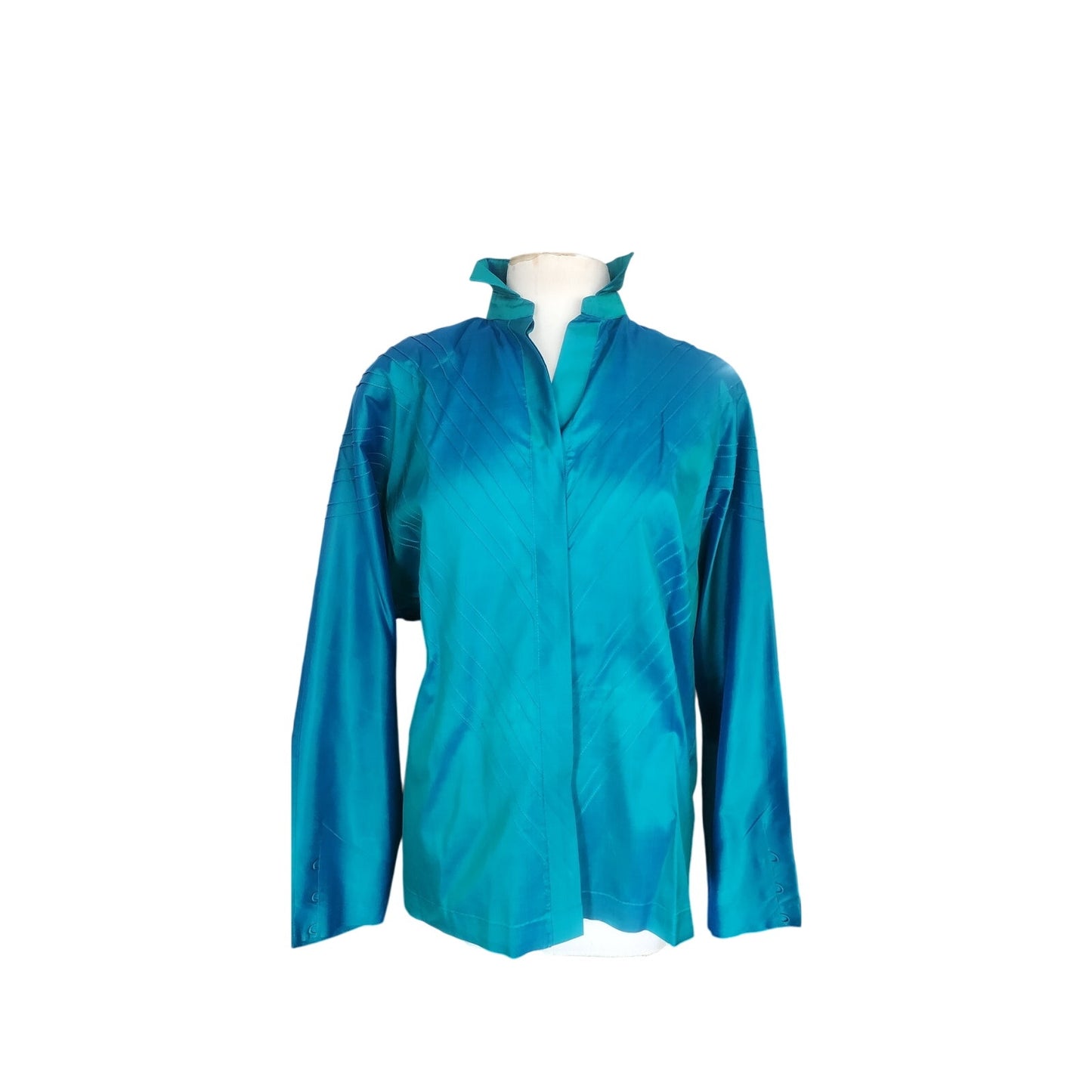 Vintage 80s Silk Blouse Electric Blue w/Pleats and Belt/Pussycat Bow / M