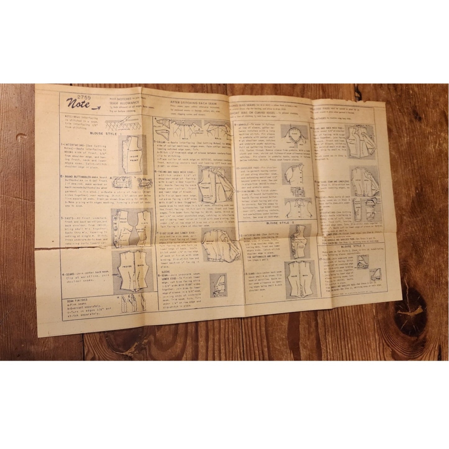 Vintage 1940s Sewing Pattern ORIGINAL: Ladies Blouses Simplicity 2759