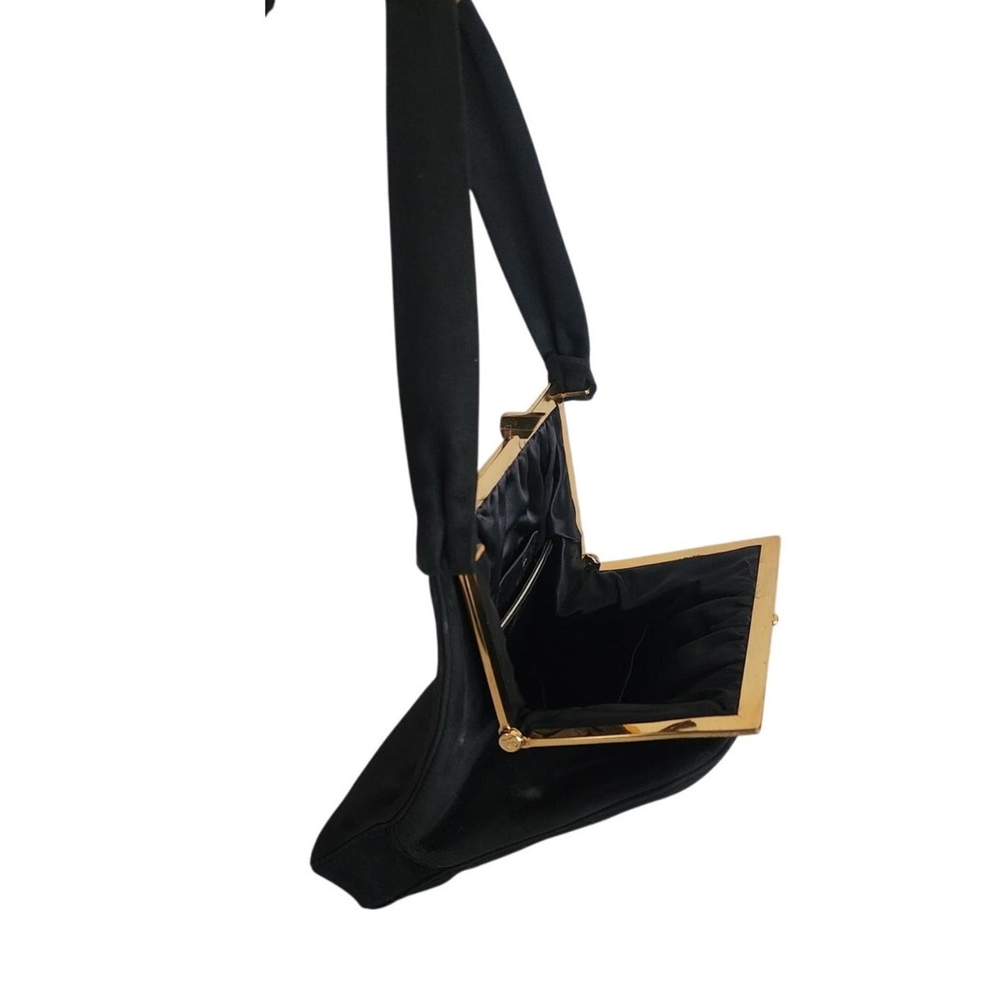 Vintage 40s Rosenfeld Handbag Black Brushed Suede Floral Enamel Frame