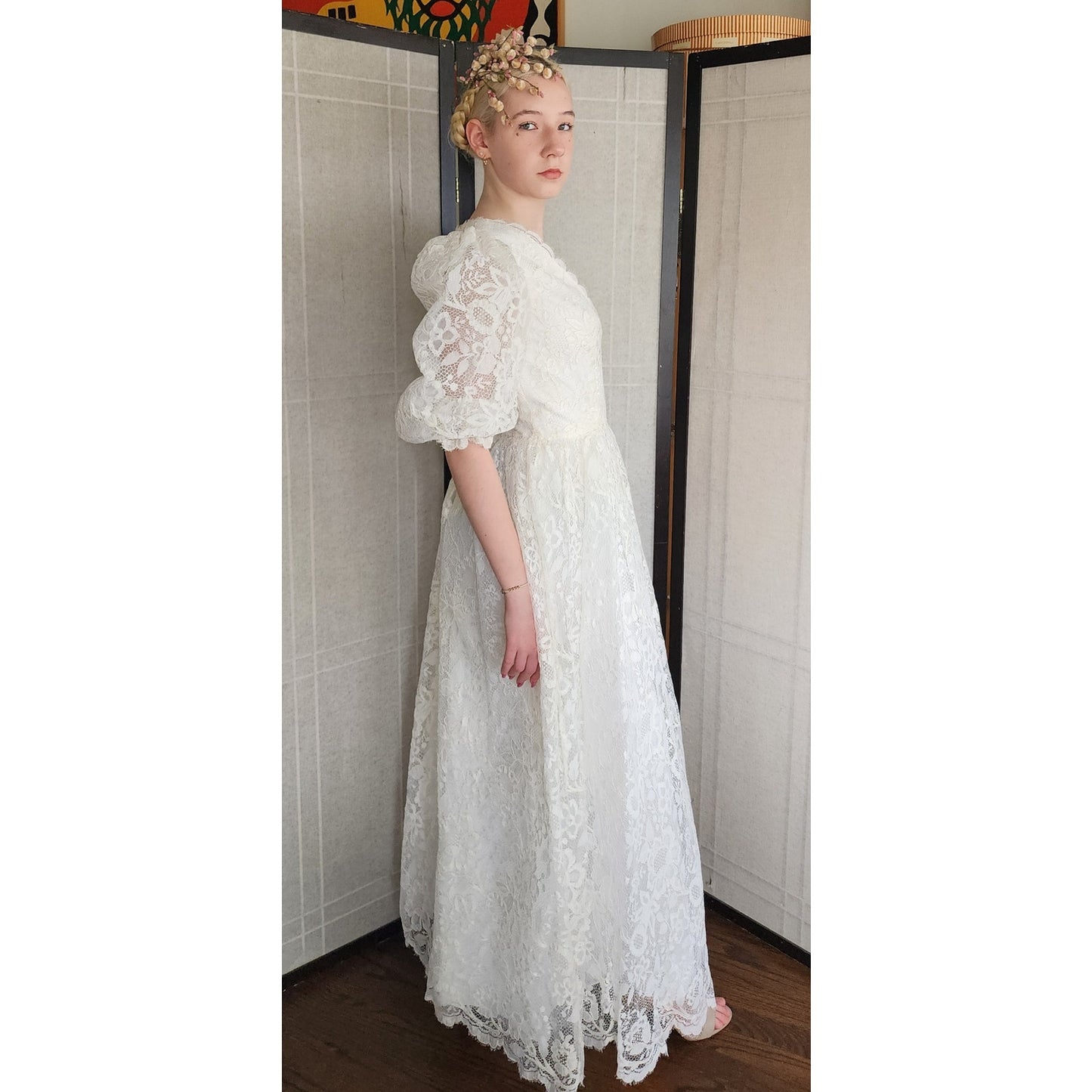 Vintage 80s White Lace Wedding Dress Statement Sleeves