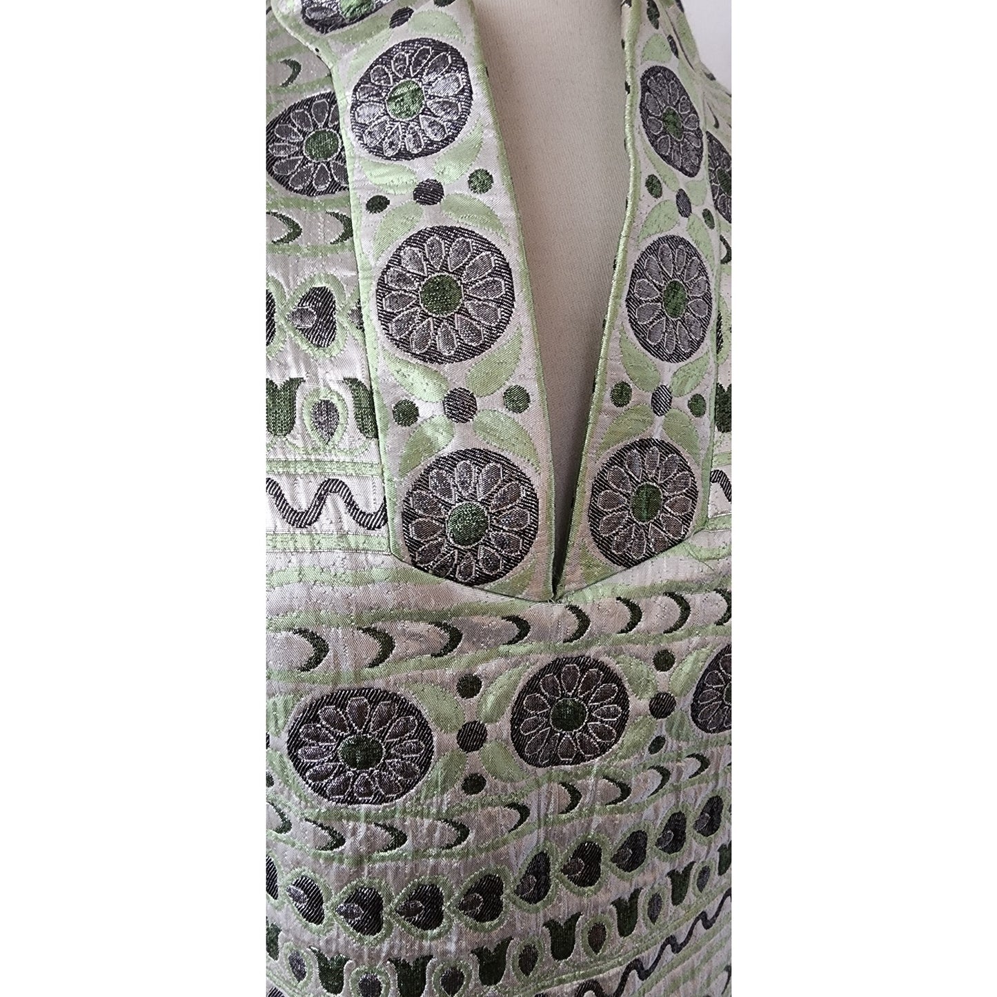Vintage 60s Brocade Dress Silver Green Metallic Psychedelic Print