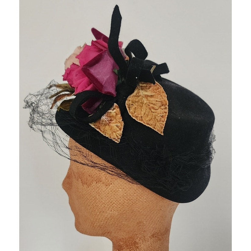 Vintage 1940s Flower Hat Black Wool Silk Floral Marshall Fields New York Creations