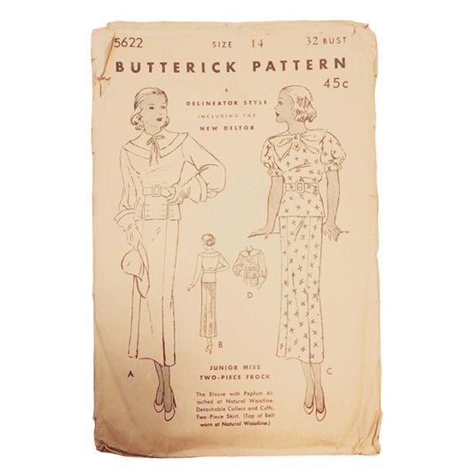 Vintage 30s Sewing Pattern ORIGINAL:  Dress w/Collar & Belt Butterick 5622