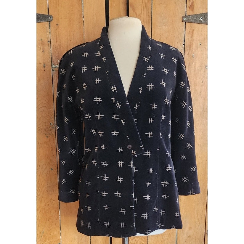 Vintage 80s Armani Blazer Womens Black Velvet Jacket w/ Cream Print / S