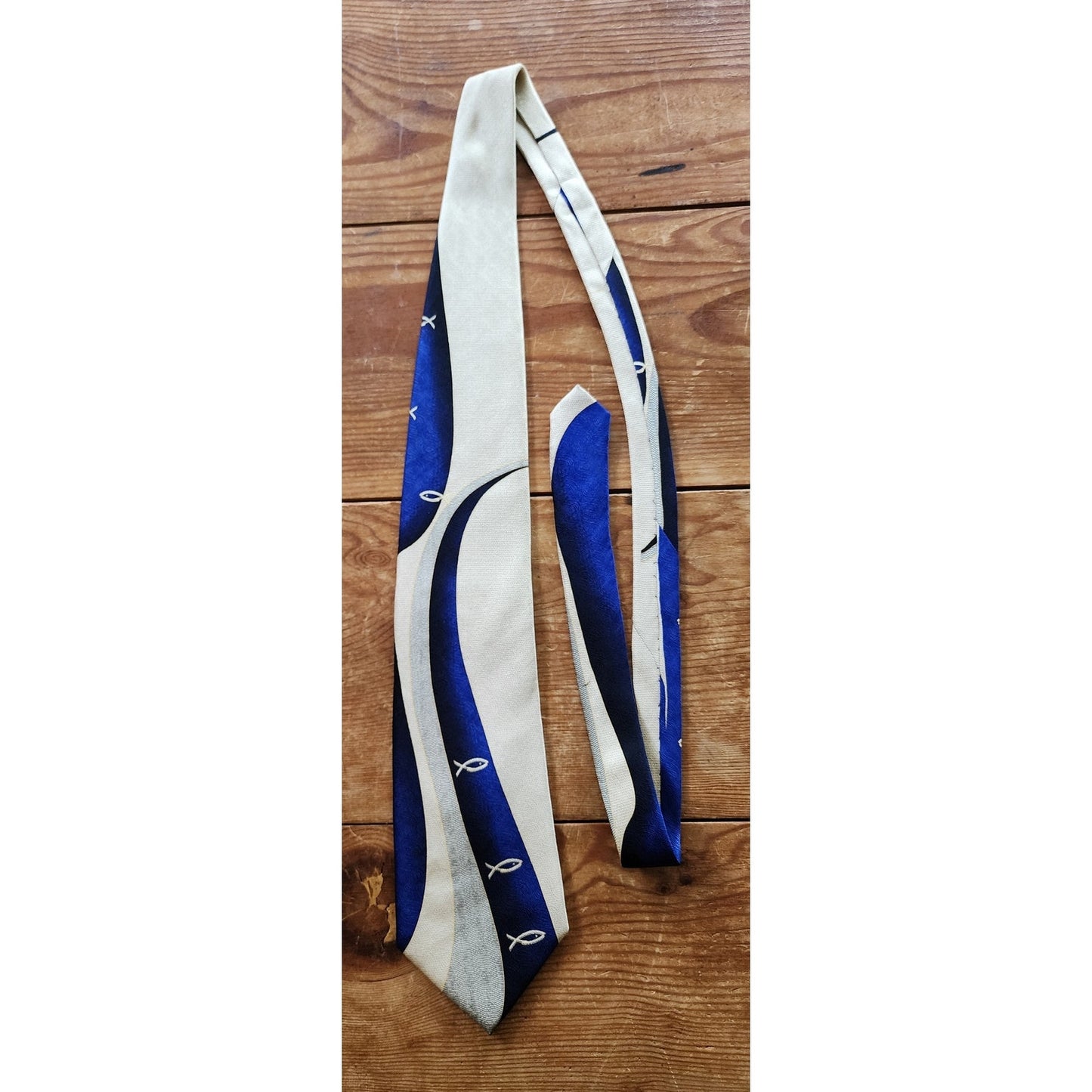 Vintage Mens Wide Tie Christians Closet Jesus Fish Blue Beige Print 40s Style