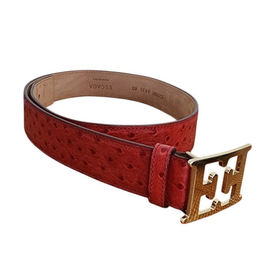Vintage Escada Belt Red Ostrich Leather Gold E Letter Buckle