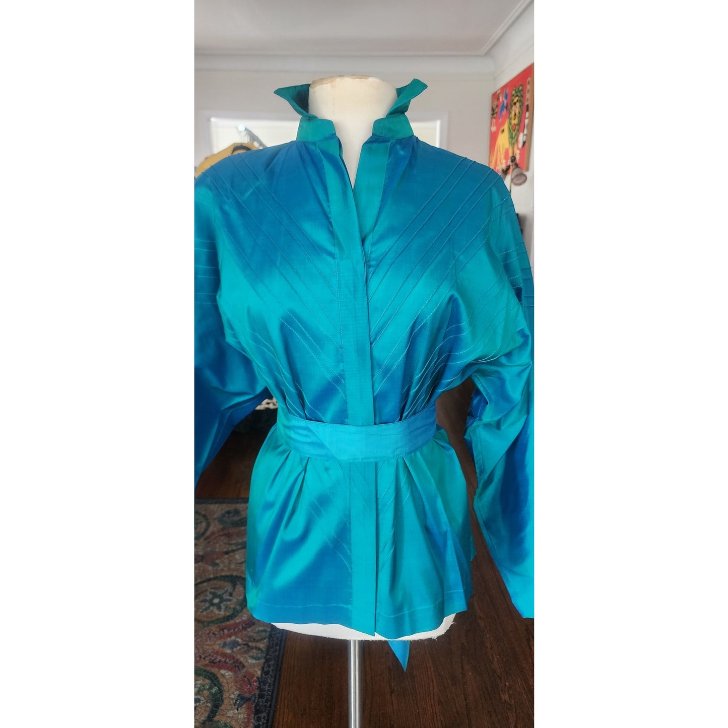 Vintage 80s Silk Blouse Electric Blue w/Pleats and Belt/Pussycat Bow / M