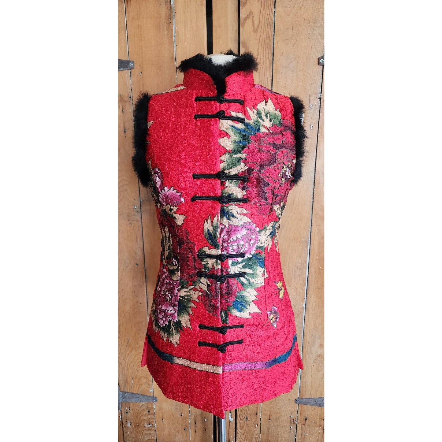 Chinese Costume Style Vest Waistcoat Rabbit Fur Trim Quilted Red Floral Print / XL