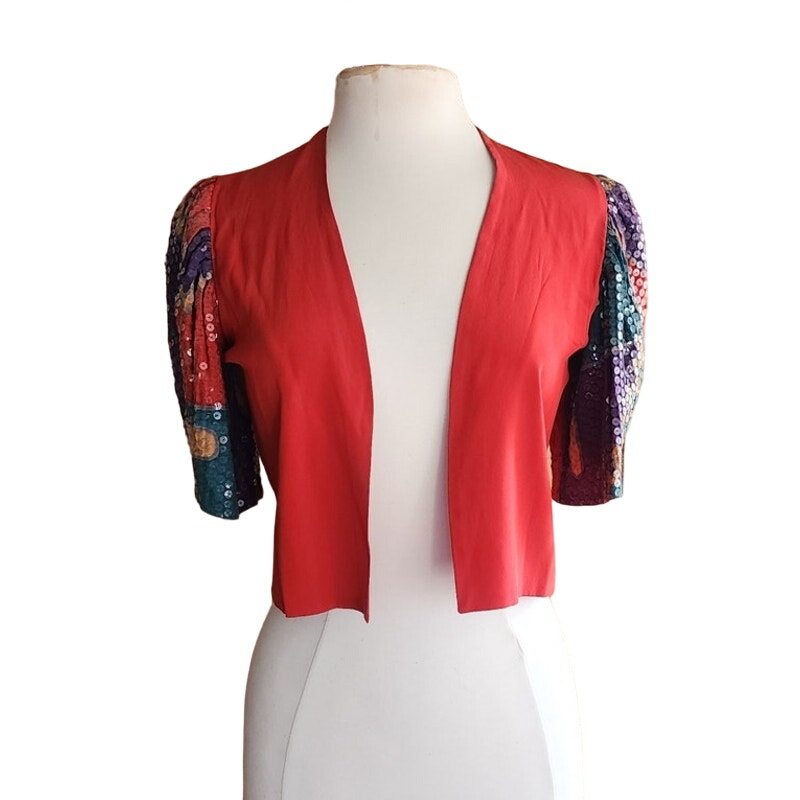 80s Cropped Jacket Red Silk + Sequined Sleees Sansappelle