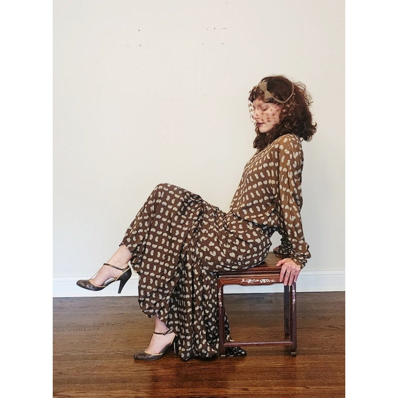 Vintage 1980s GENNY Blouse + Skirt Set Brown White Paisley Silkprint