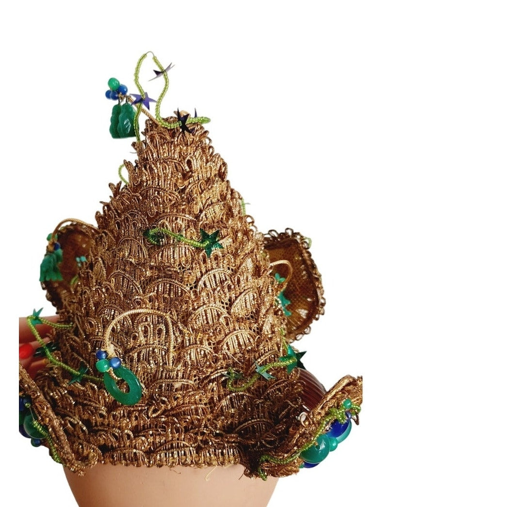 Vintage 50s Bes-Ben Hat Golden Pagoda Beaded Cone Style