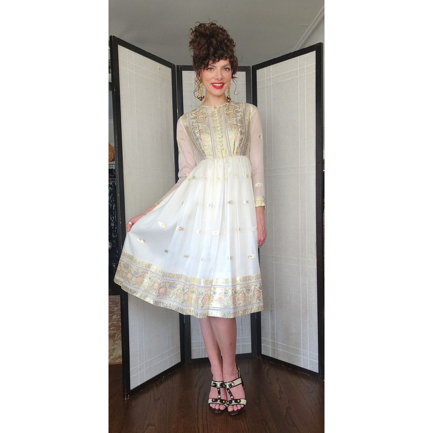 Vintage 70s Embroidered Dress Gold Lurex & White Organza / Chuck Howard Boutique