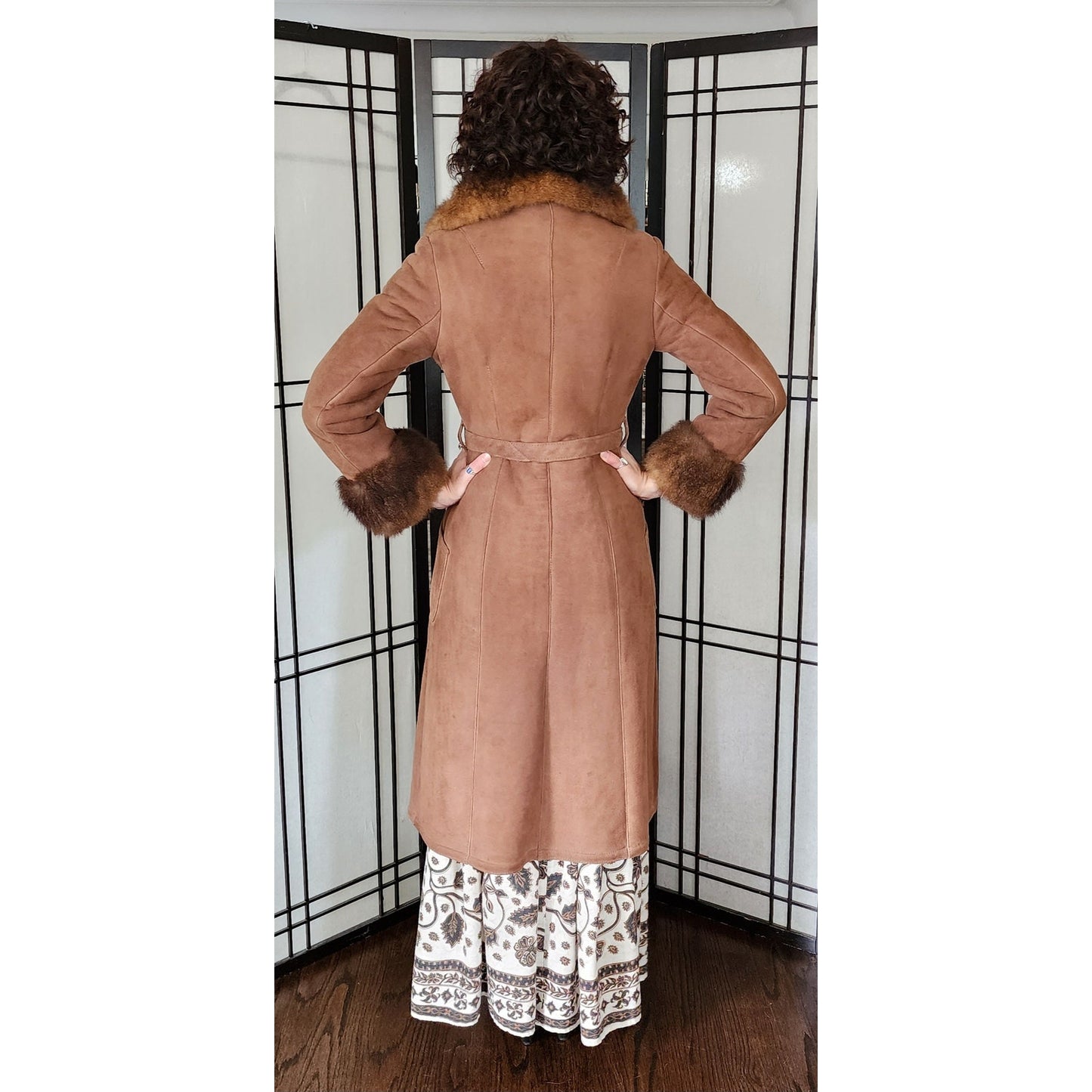 Vintage 70s Brown Suede Afghan Coat Shearling Lined Collar Cuffs Petite