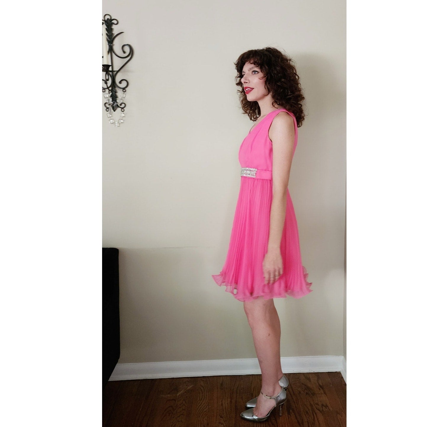 Vintage 60s Hot Pink Party Dress Pleated Skirt
