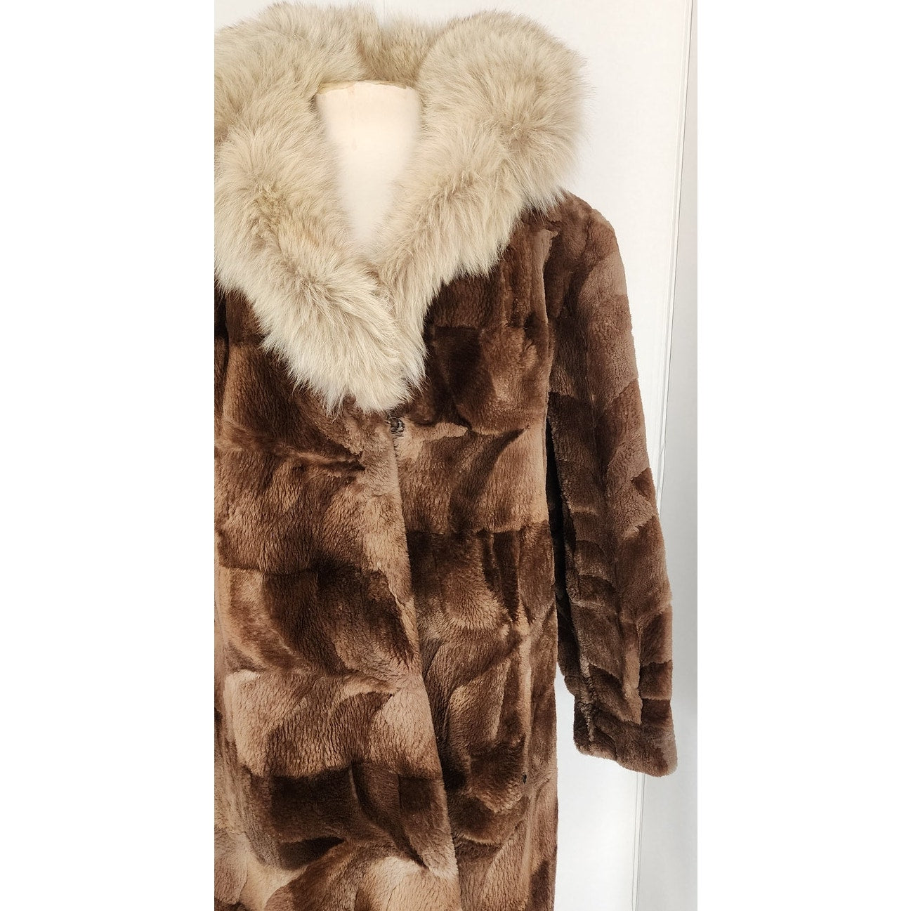 Vintage 80s Patchwork Fur Coat Sheared Beaver Blue Fox Collar
