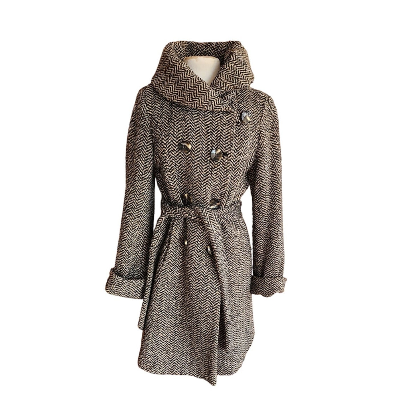 Vintage Y2K Houndstooth Coat Gray Herringbone Wool Large Collar Ellen Tracy / M