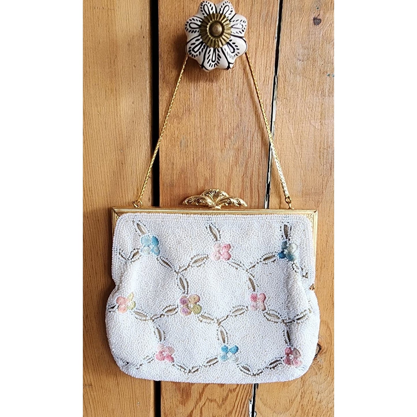 Vintage 50s Evening Bag White Beads Floral Embroidery Walborg