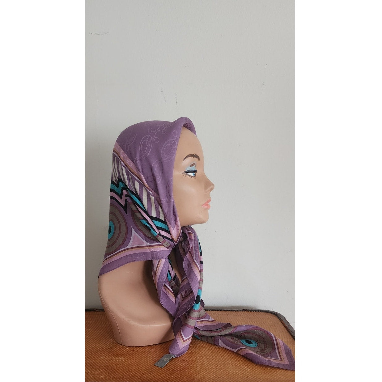 Vintage 80s Oscar de la Renta Scarf Silk Print Pink Purple Spiral