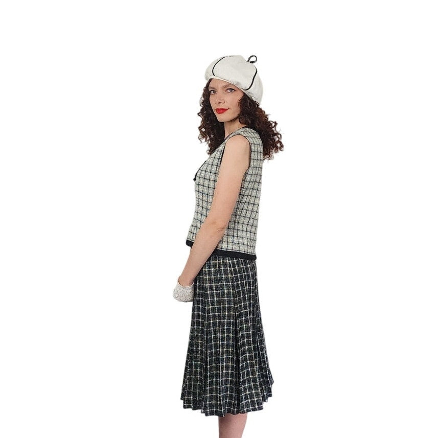 Vintage 1960s Christin Dior New York Suit Mod Three Piece Black White Check Wool