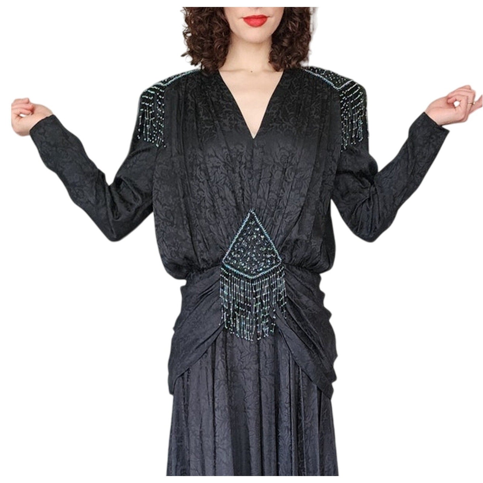 Vintage 80s Evening Dress Black Beaded Silk Fringed D'Ore Art Deco Sty RareJule Vintage Vintage 80s Evening Dress Black Beaded Silk Fringed D'Ore Art Deco Sty RareJule Vintage