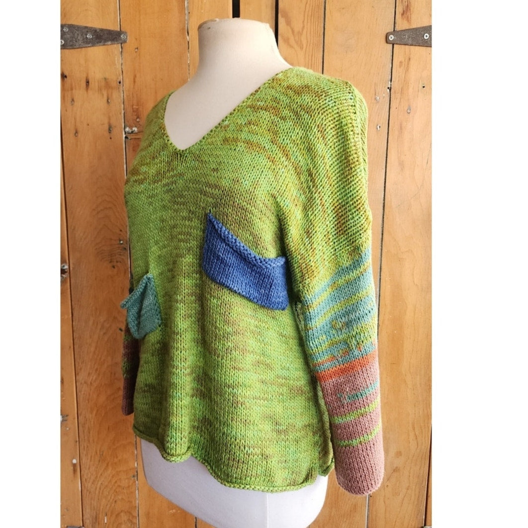 Artisinal Sweater Handknit Cotton Green V Neck w/Pockets / Nonpareil Vita March