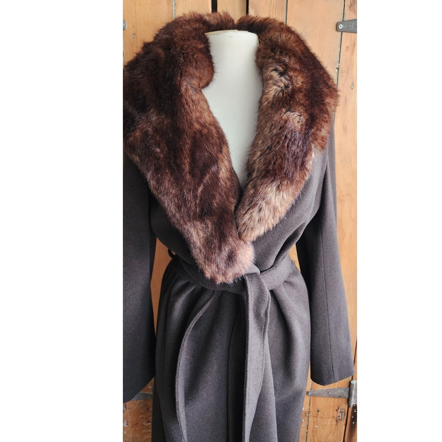 90s Brown Wool Coat Faux Fur Collar Ralph Lauren