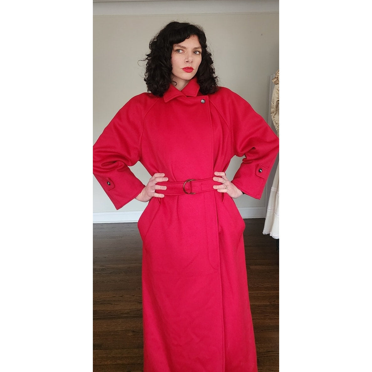 Vintage 1980s Red Wool Coat Long w/Belt Ramosport Paris