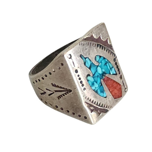 Vintage Mens Ring Native American Sterling Silver Thunderbird Turquoise Coral Chip Mosaic Navajo Inlay