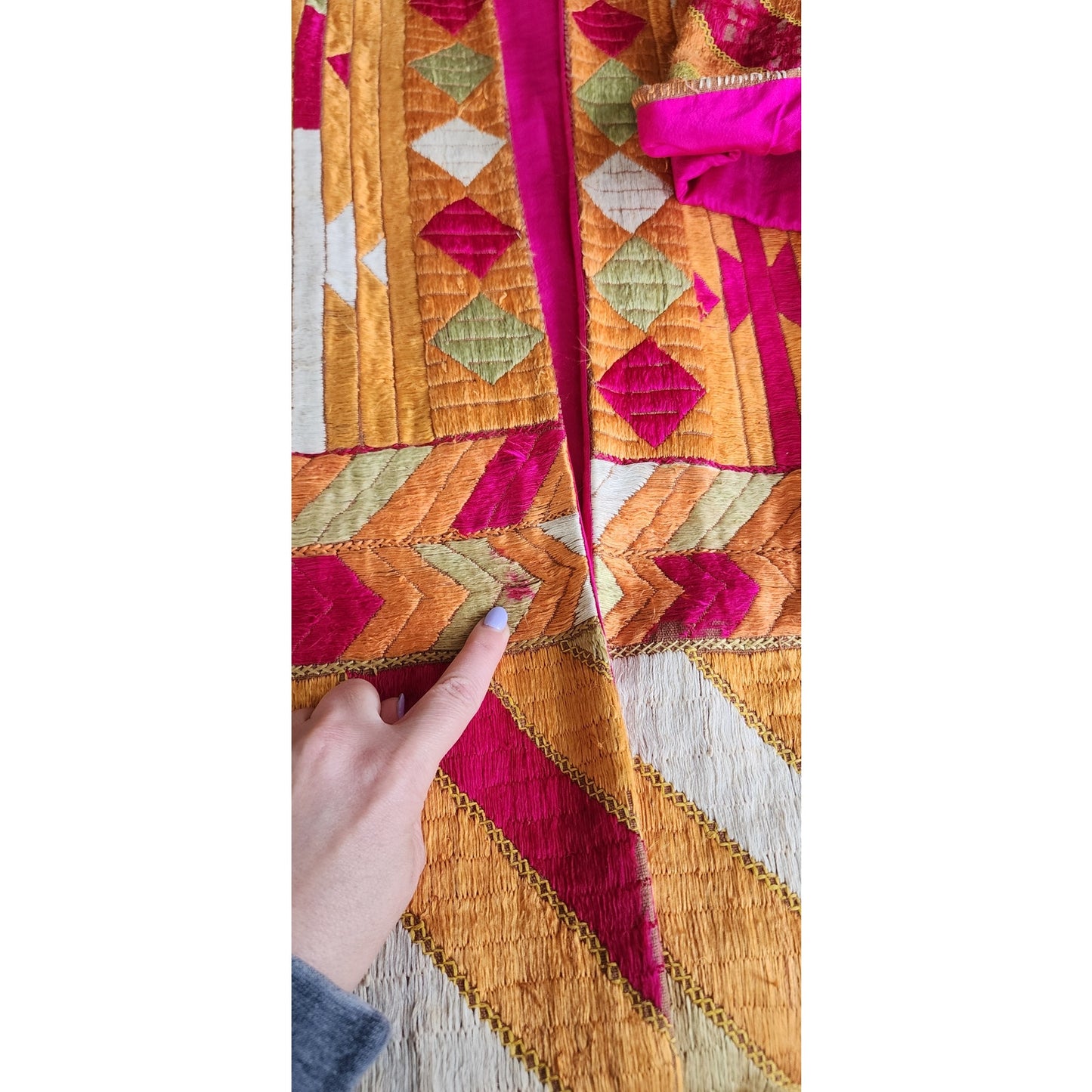 Antique Silk Patchwork Coat Artistinal Boho Gold Fuschia Folk Geometric