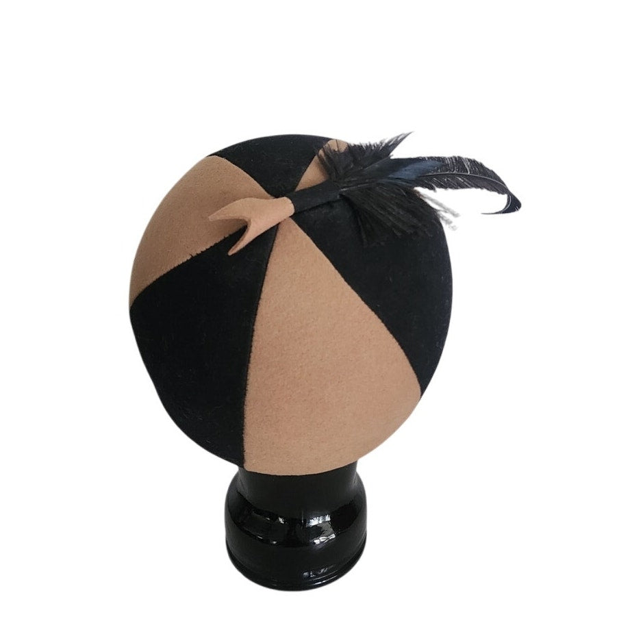 Vintage 60s Mod Bubble Hat Mr John Brown Black Wool felt w/Feather Helmet Style