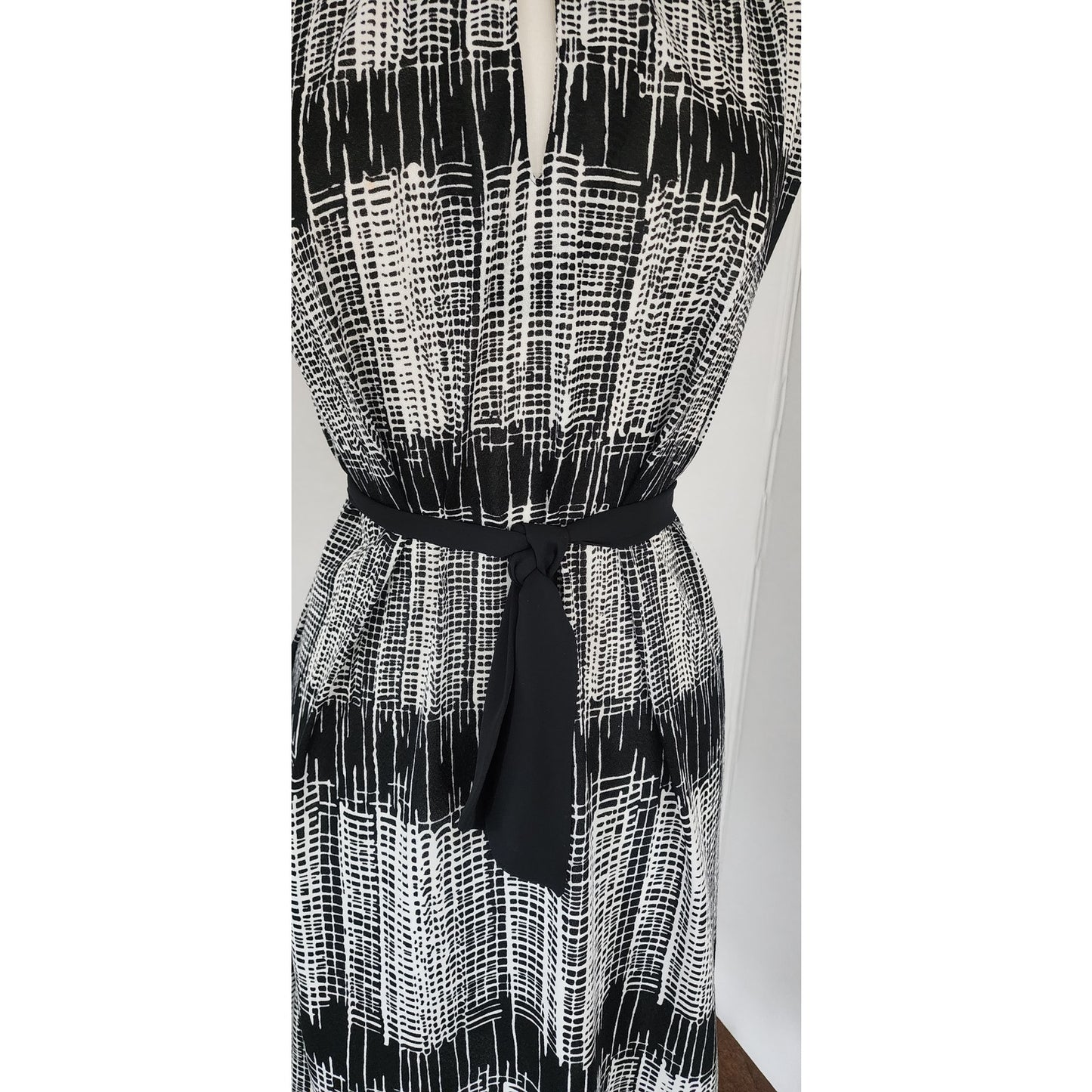 Vintage 70s Day Dress Black White Stripe, Belted, Lady Page
